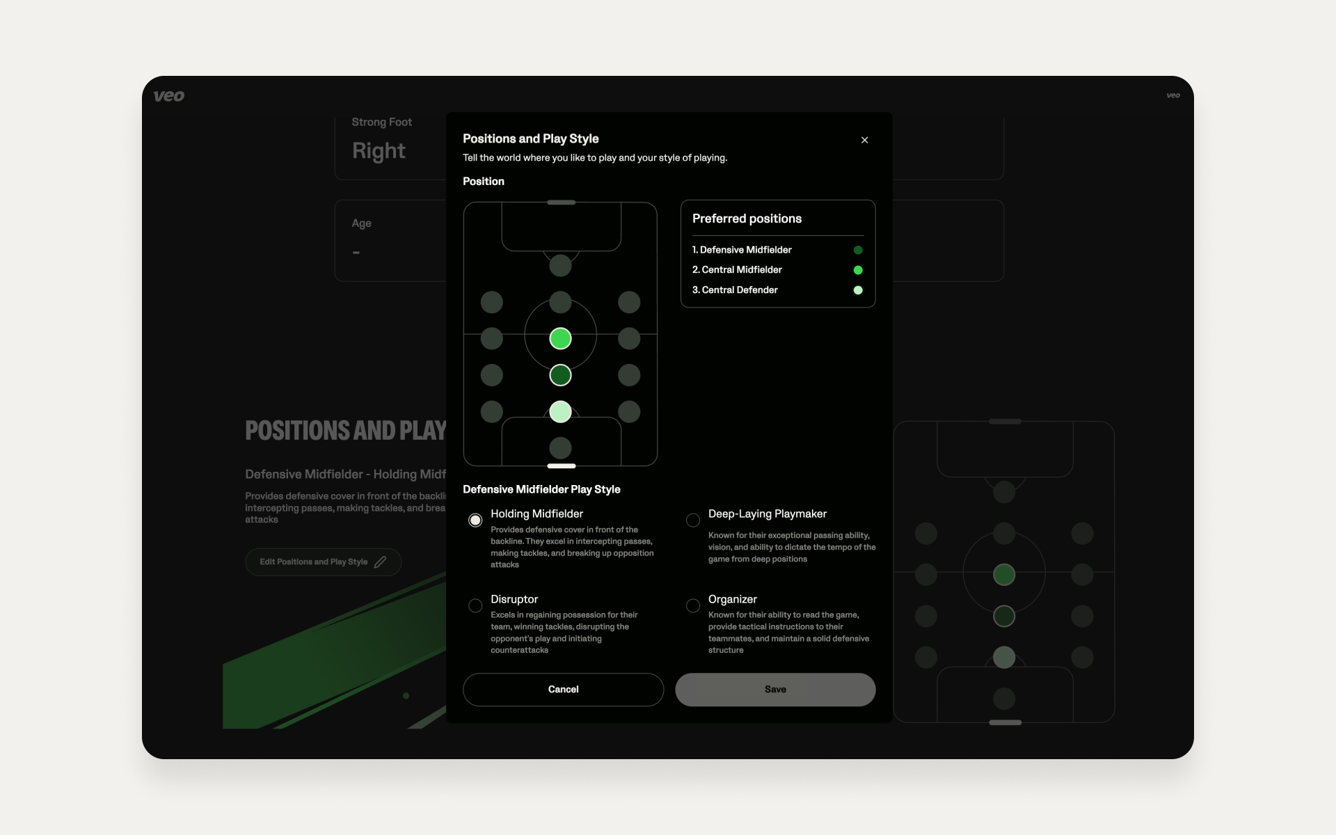 Bildschirm mit Optionen für Positionen und Spielstil im Spieler-Profil