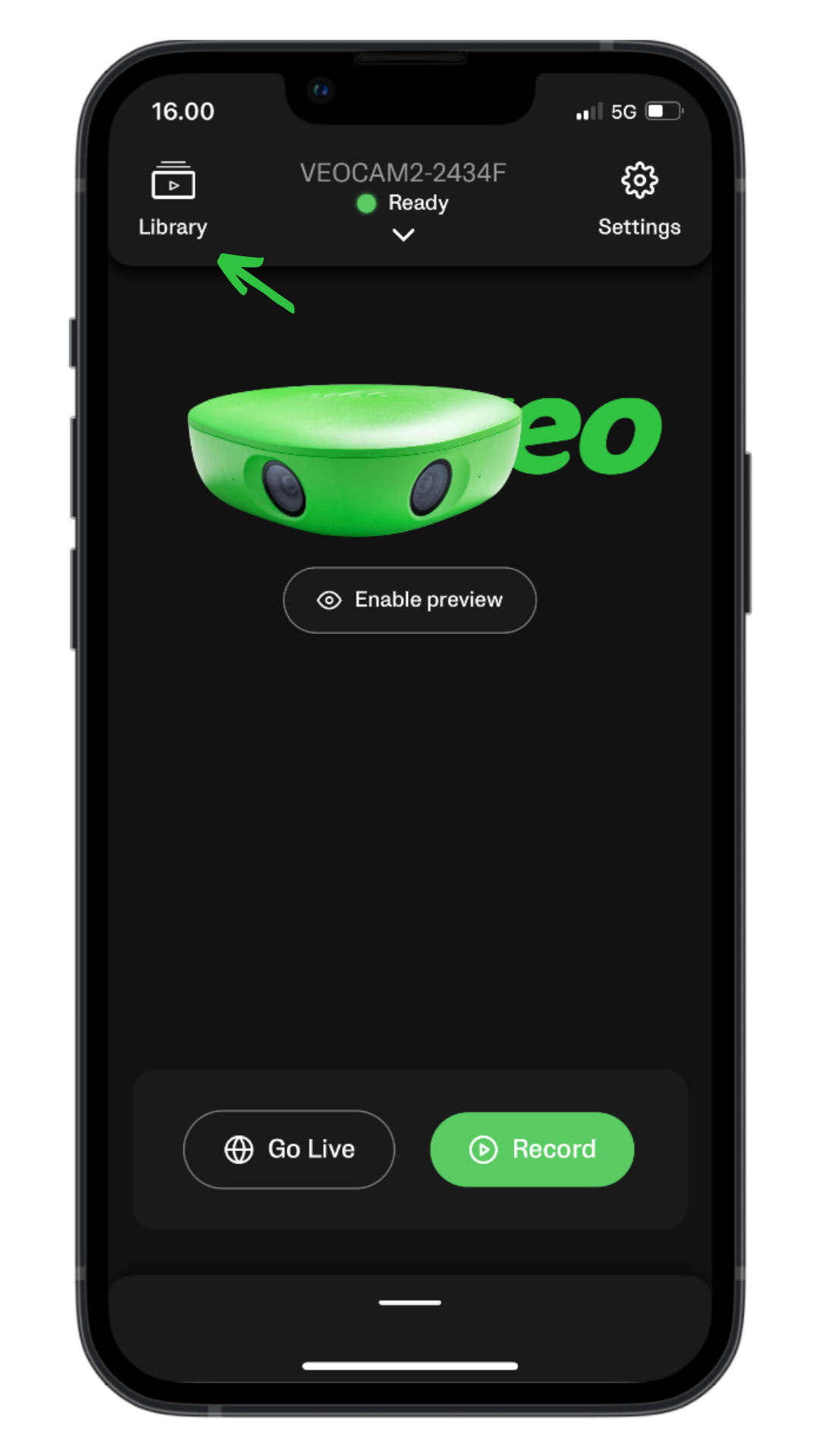 Main screen of the Veo Camera app with an arrow highlighting the Library button in the top left corner.