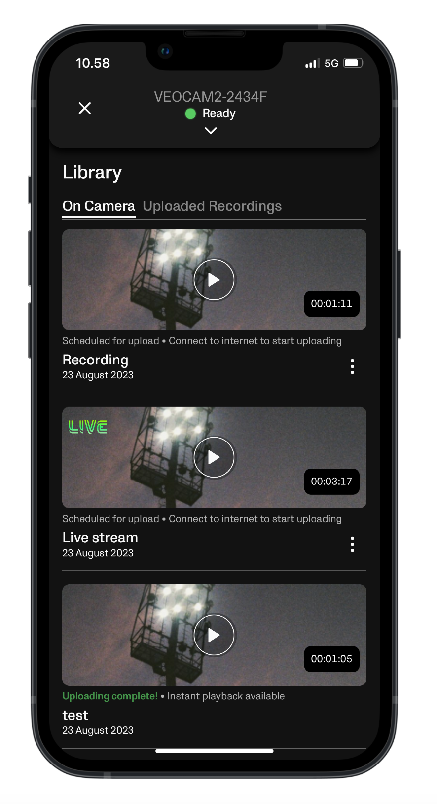 View of the On Camera section inside the Library showing recordings stored on the Veo Cam.