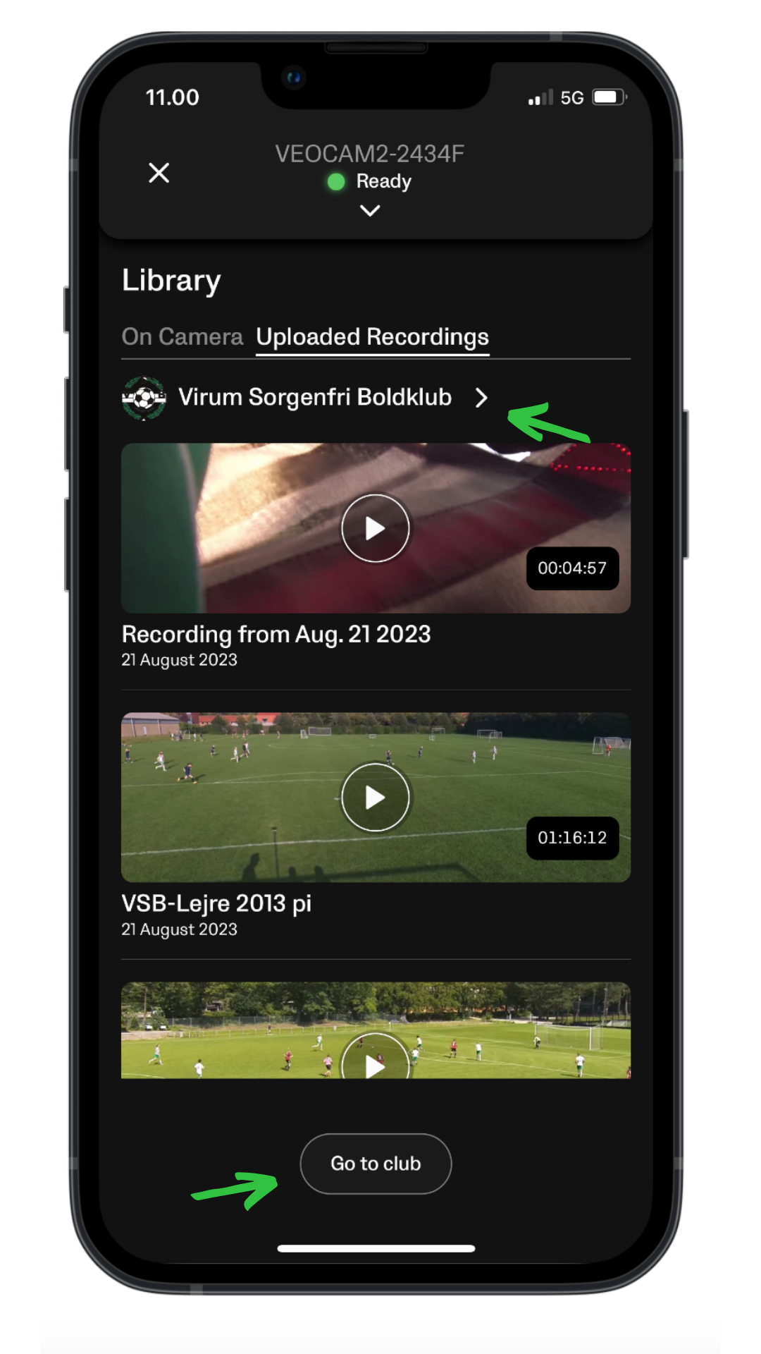 Uploaded Recordings section in the Library with arrows pointing to the Clubhouse selector and the Go to Club button.