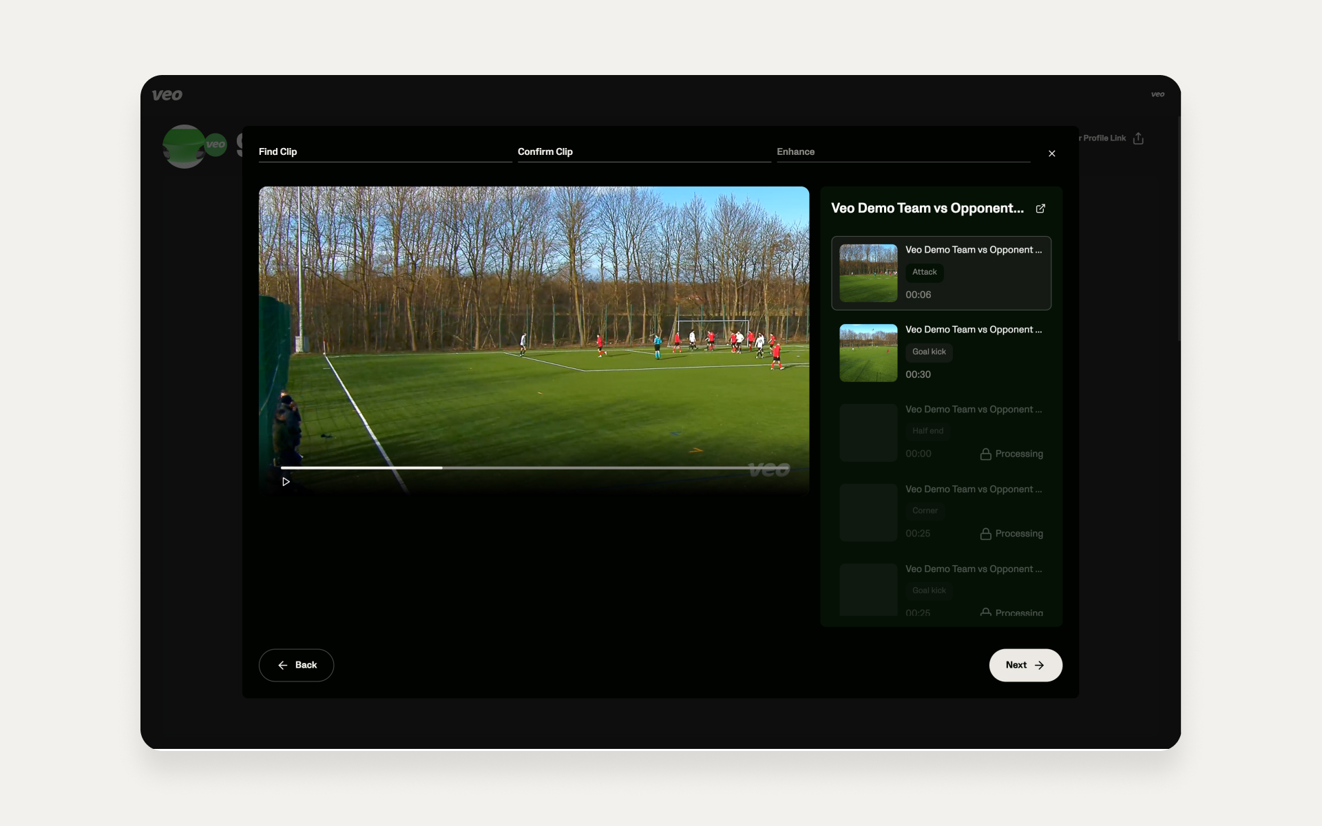 Schermata che mostra i clip disponibili nella registrazione