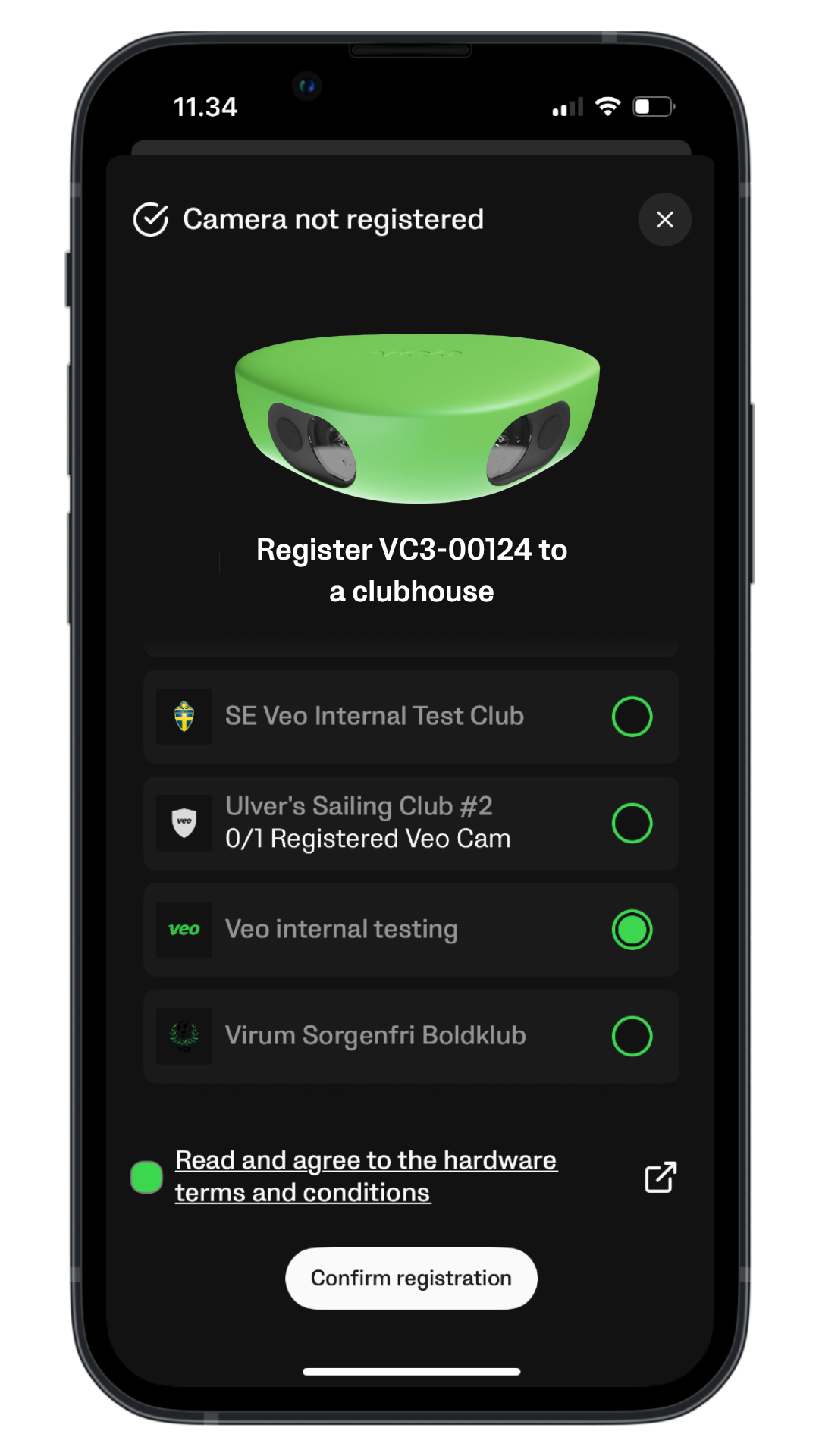 Select Club to register camera