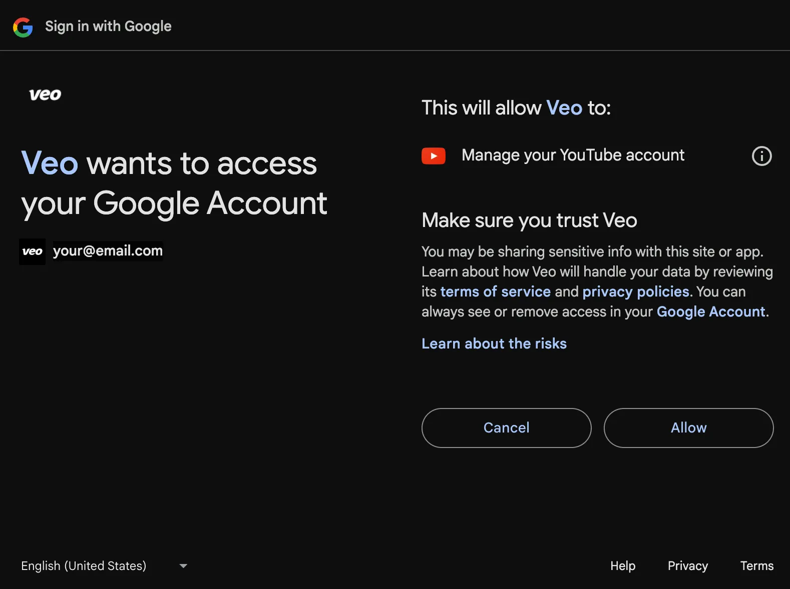 YouTubeへのアクセスを許可する