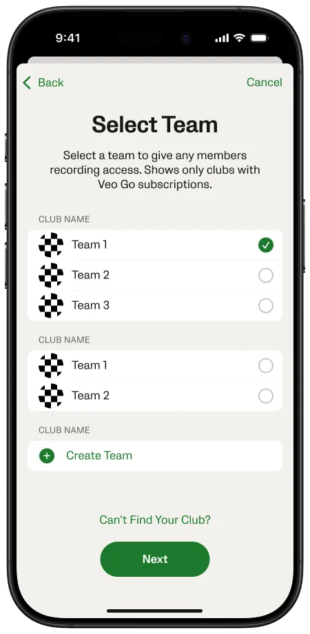 Select team to assign Veo Go recording