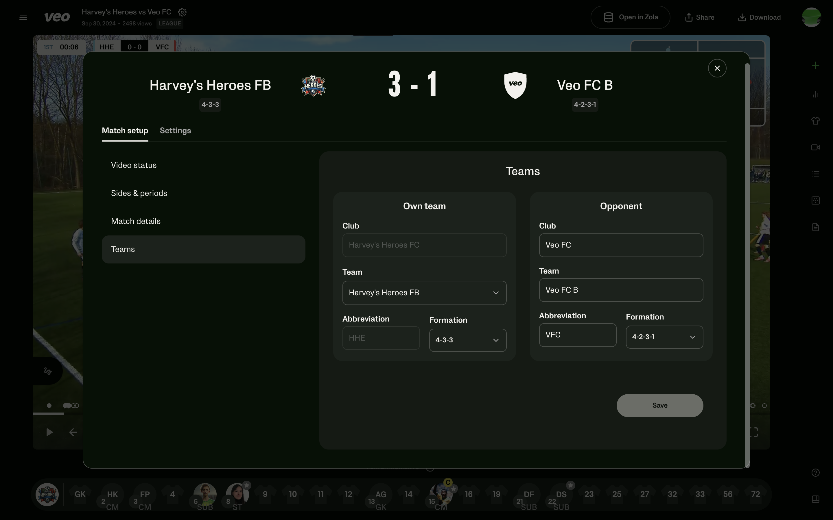 modal with the option to add your own team and the opponent team's information