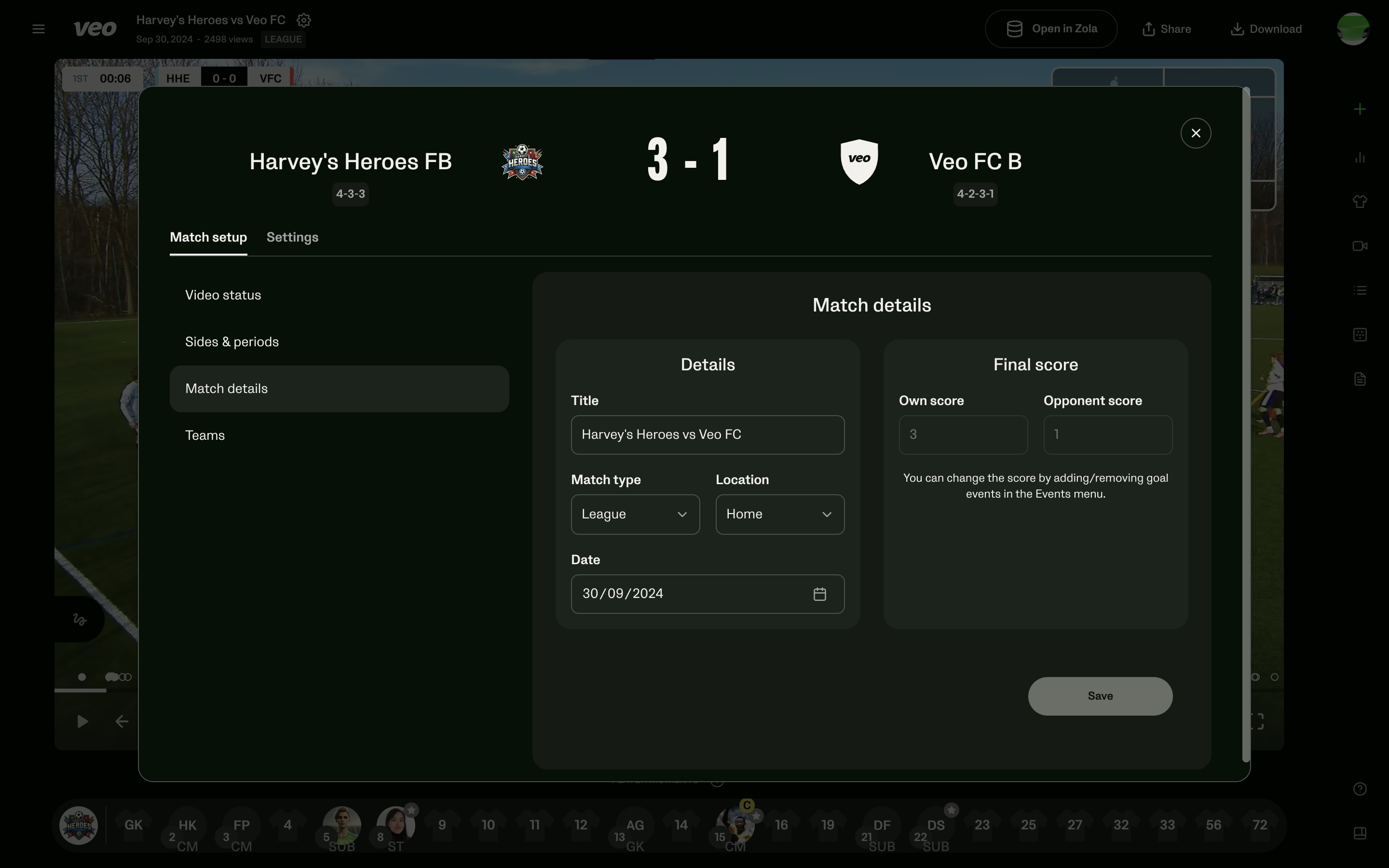 Fenêtre de configuration - Modifier le titre, type de match, lieu, date et score