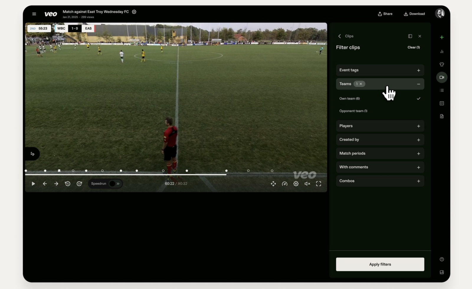 Image showing the advanced filters in the Veo Editor to narrow down clip results.jpg