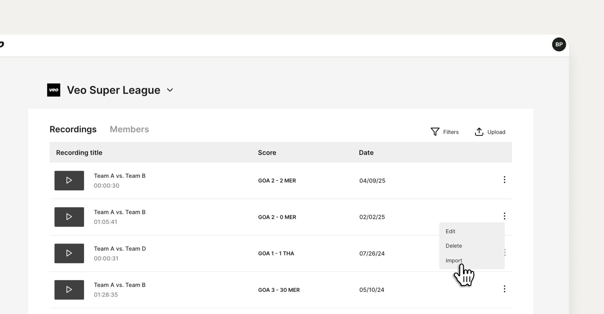 League Exchange match import view