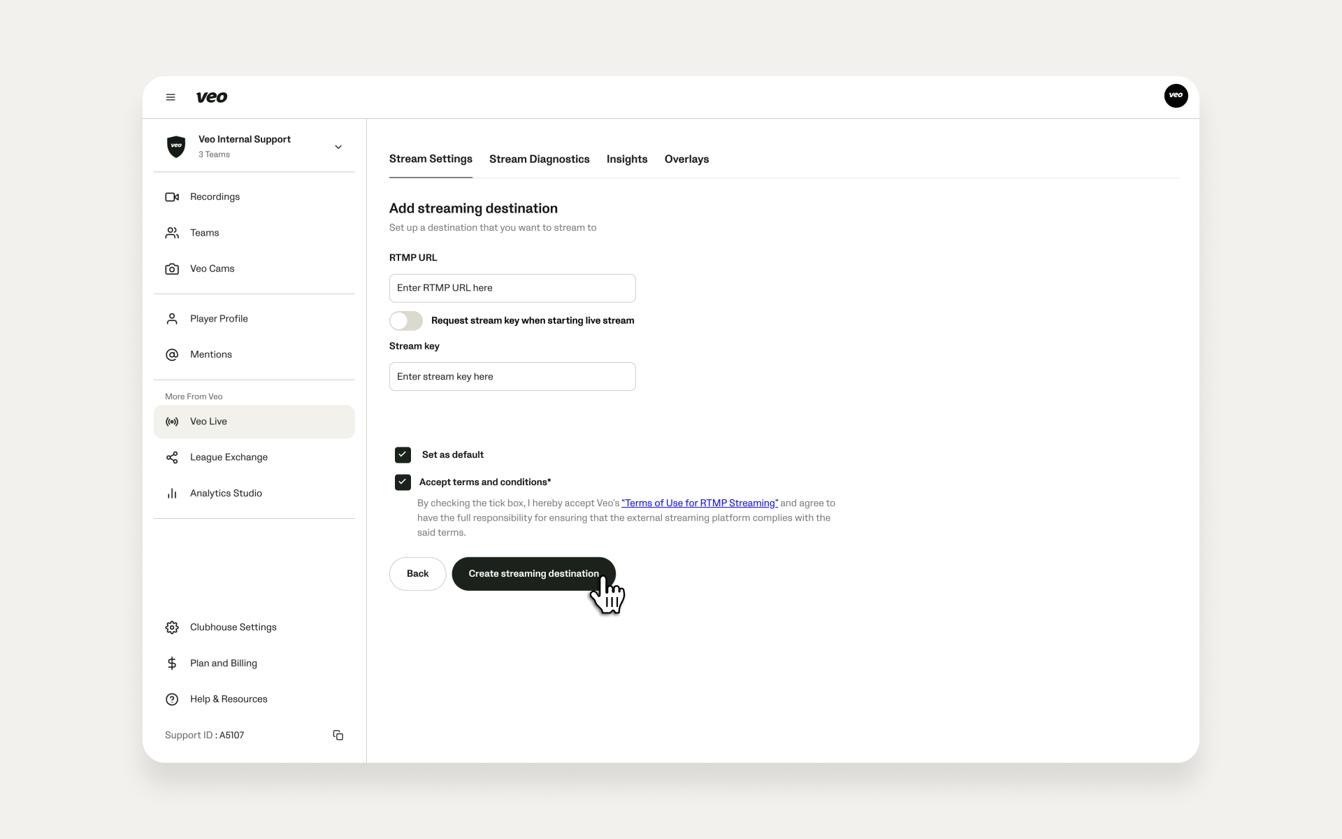 RTMP-URL und Stream-Key eingeben
