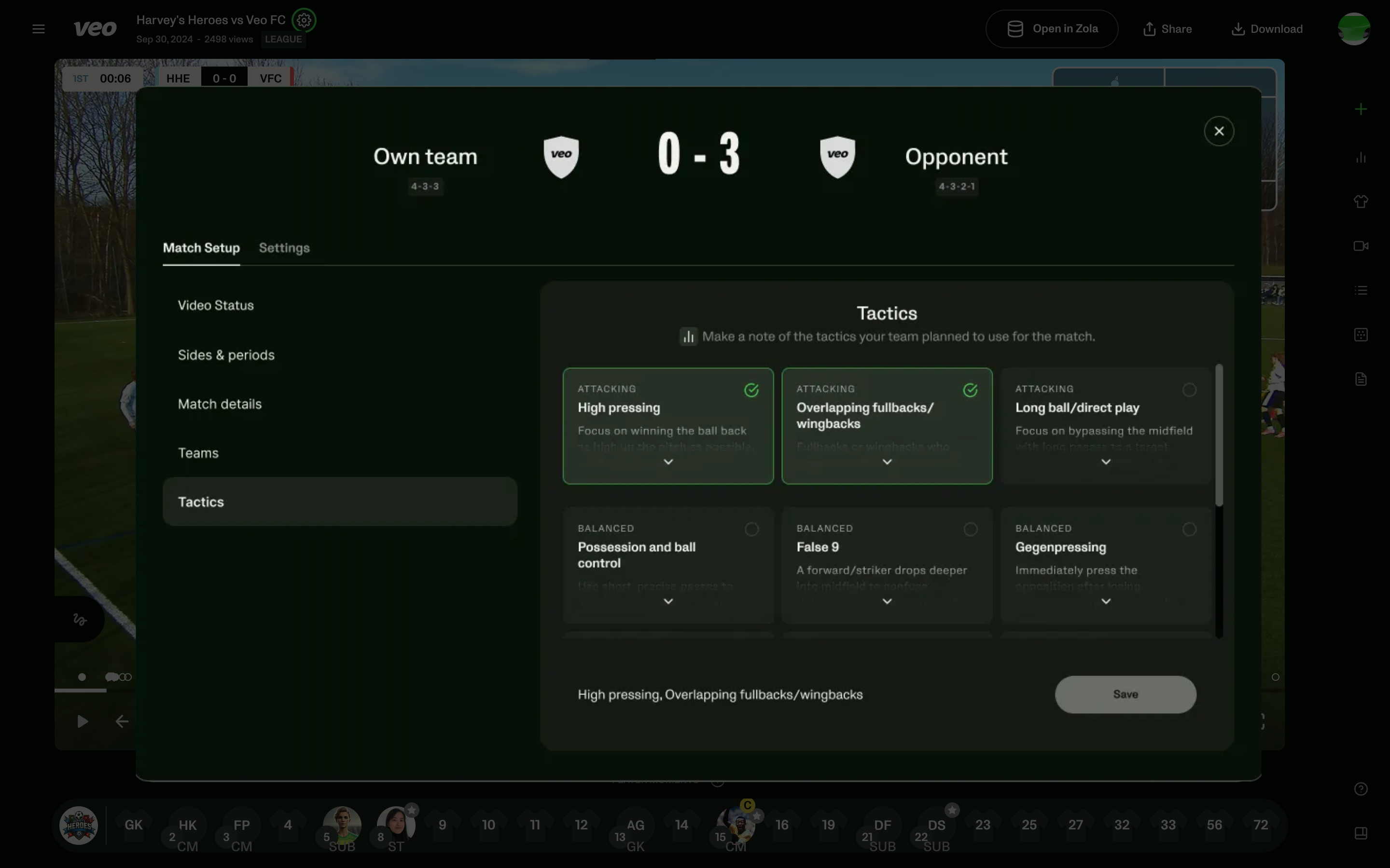 modal with the option to select the tactic or tactics used in the game for more context